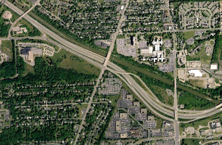 The interchange with NY 15 and NY 15A in 2009