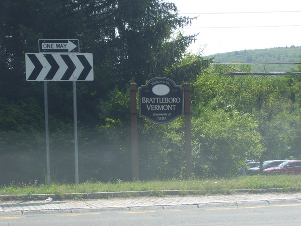 Brattleboro welcome sign in the roundabout between US 5, VT 9, and I-91 exit 3